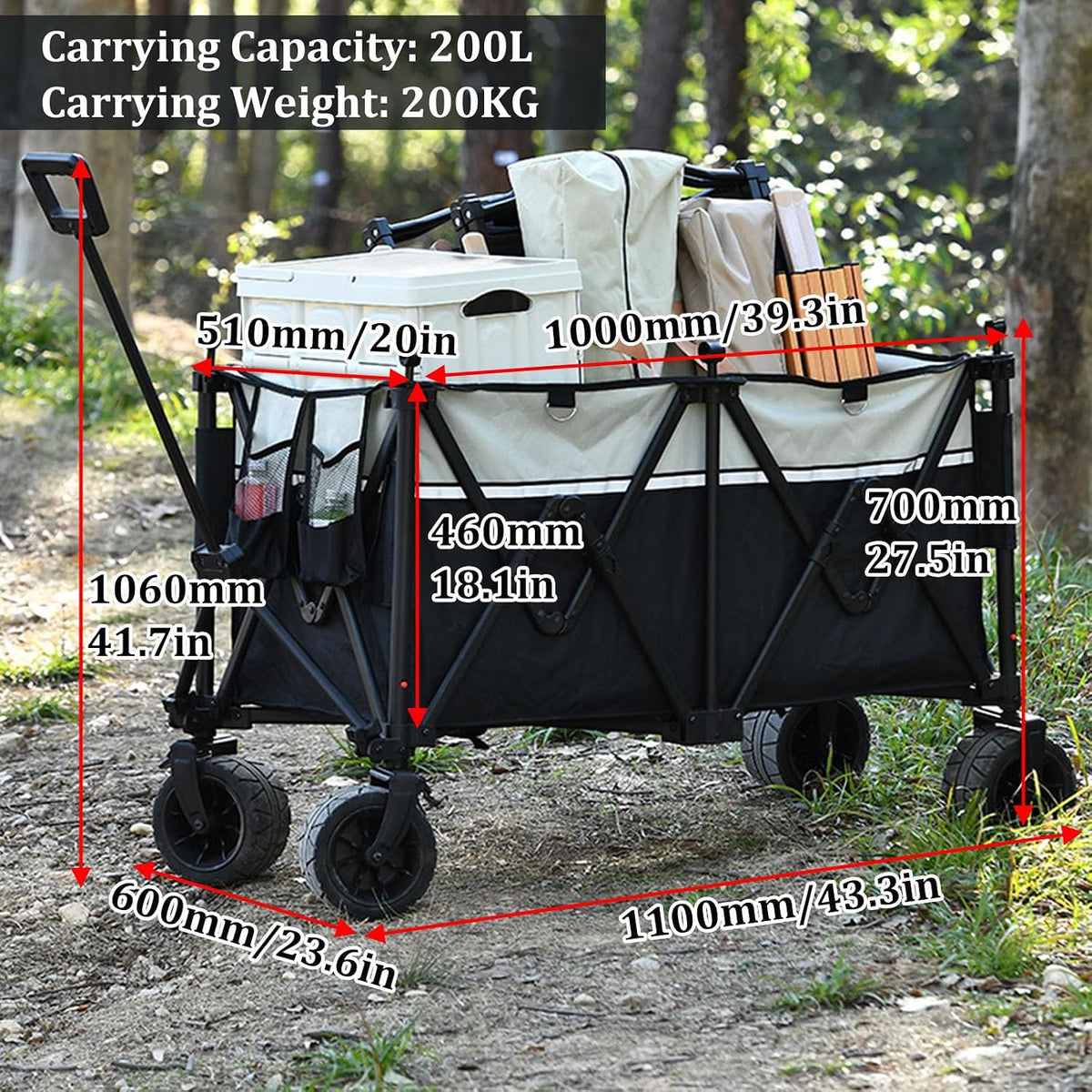 Black Garden Carts,Collapsible Wagon,Sports Outdoor Utility Wagon Garden Wagon Sports Heavy Duty Steel Frame Foldable Yard Car 200Kg Load Camping Cart