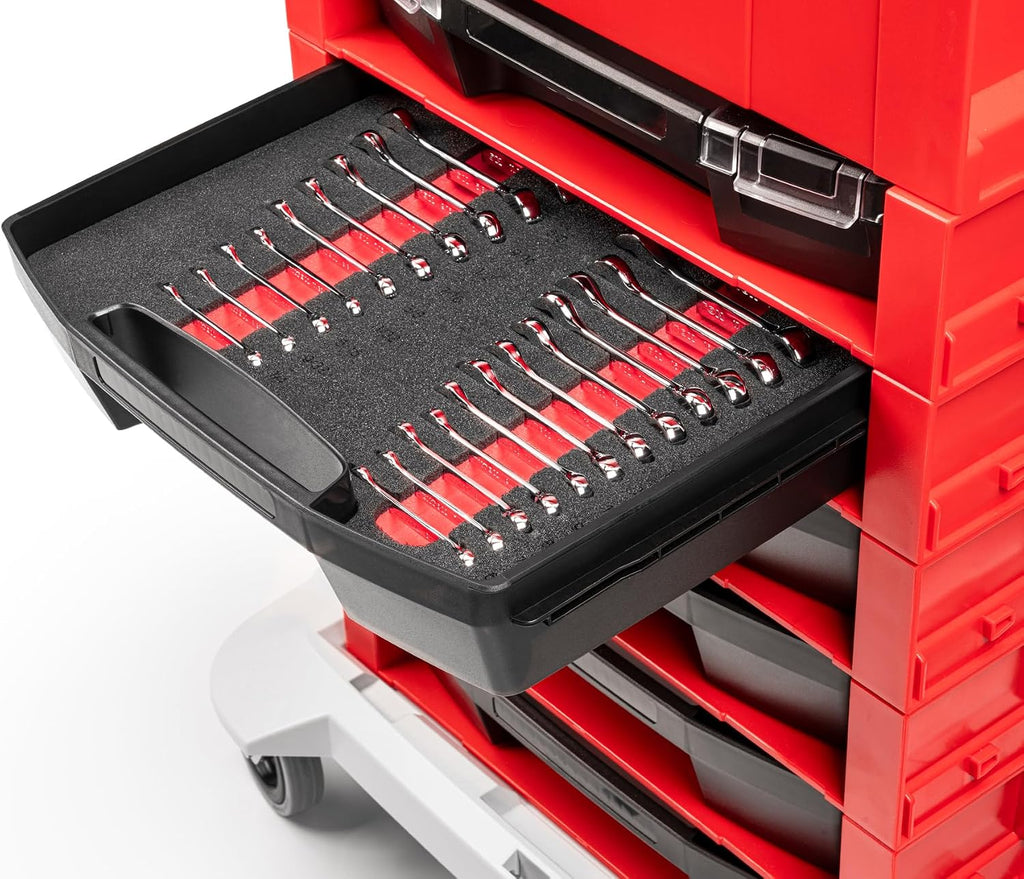 TEKTON Stubby Combination Wrench Set with Open Top Drawer and Rack, 25-Piece (1/4-3/4 in., 6-19 mm) | OLB94205