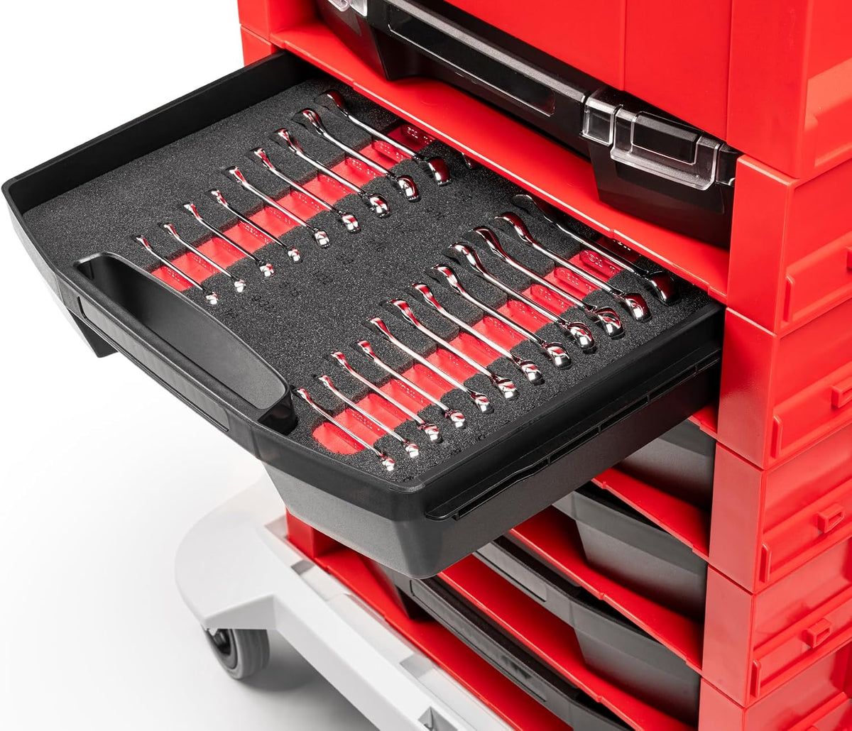 TEKTON Stubby Combination Wrench Set with Open Top Drawer and Rack, 25-Piece (1/4-3/4 in., 6-19 mm) | OLB94205