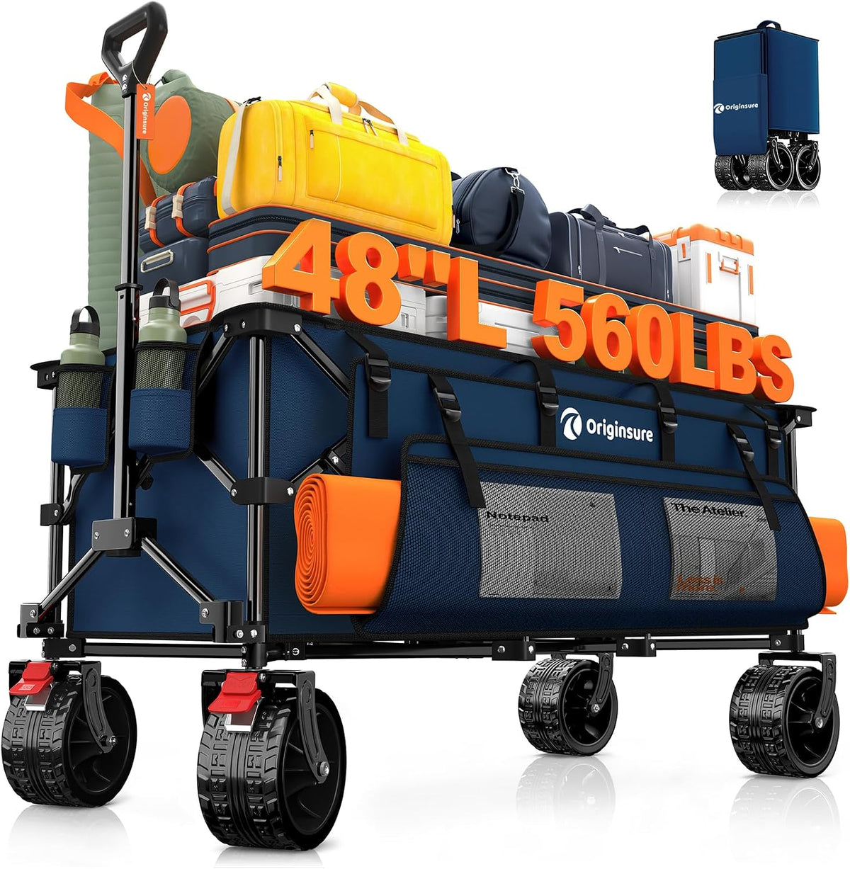 48' L Folding Beach Wagon Cart Foldable, 560lbs Weight Capacity 300L Heavy Duty Collapsible Wagons with Big All-Terrain Wheels, Utility Carts for Groceries, Shopping, Camping, Sports - Blue