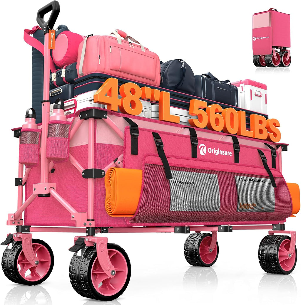 Originsure 48' L Collapsible Wagon Cart Foldable, 560lbs Weight Capacity 300L Heavy Duty Folding Beach Wagons with Big All-Terrain Wheels, Utility Carts for Groceries, Camping, Sports - Pink