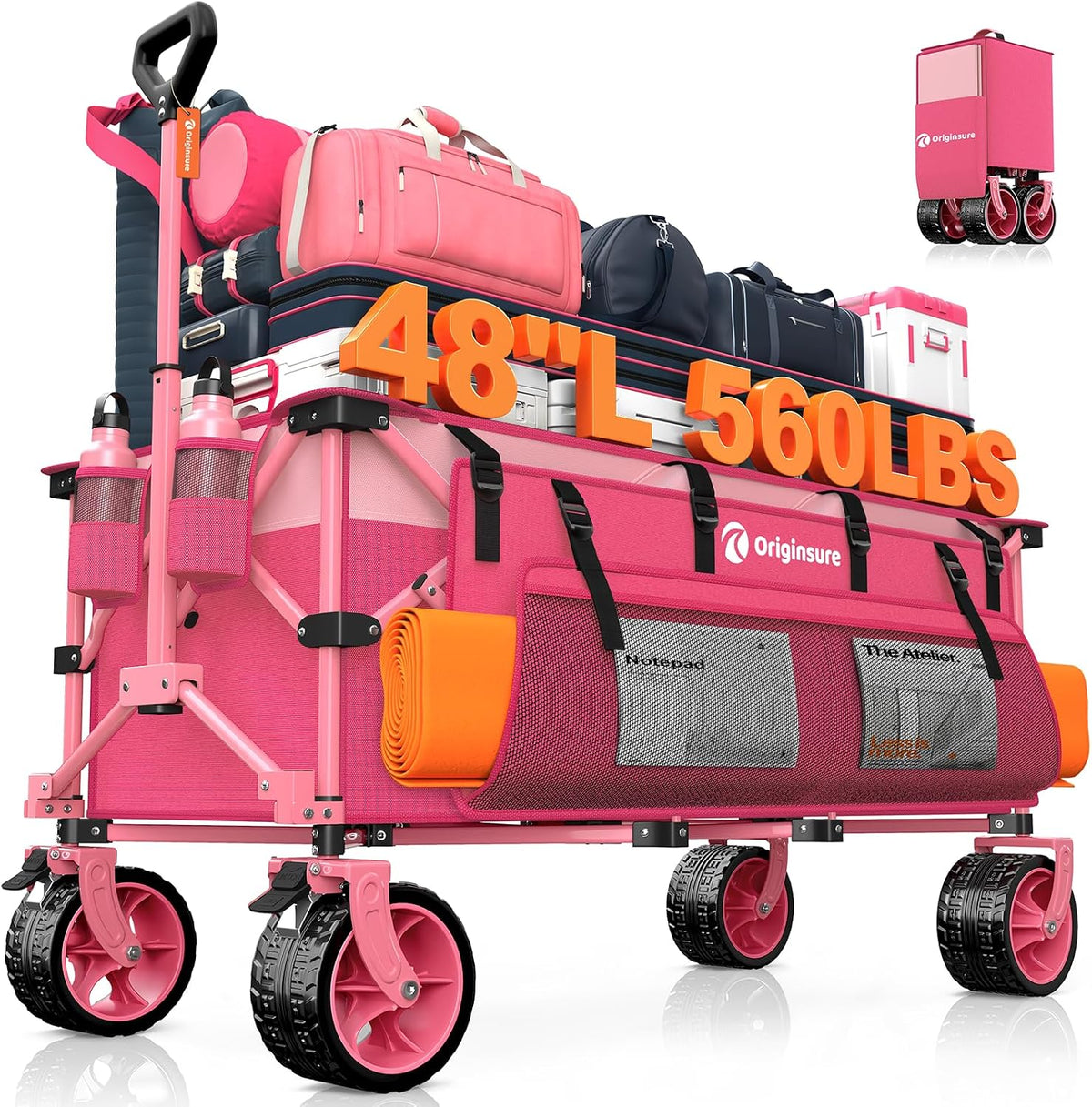 Originsure 48' L Collapsible Wagon Cart Foldable, 560lbs Weight Capacity 300L Heavy Duty Folding Beach Wagons with Big All-Terrain Wheels, Utility Carts for Groceries, Camping, Sports - Pink