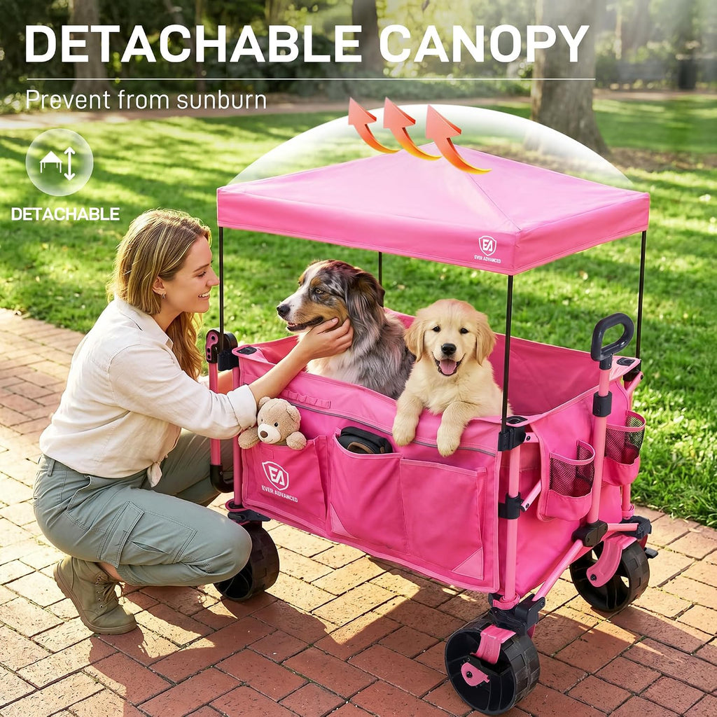 EVER ADVANCED Folding Push Wagon with Canopy, Portable Shopping Cart with Brakes, Collapsible Wagon Cart with All-Terrain Big Wheels for Camping, Beach, Sports