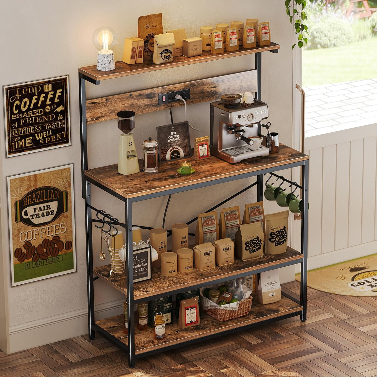 SUPERJARE Bakers Rack with Power Outlets, Microwave Stand, 39.4 X 14.3 Inch Larger Desktop, Kitchen Storage Rack with Adjustable Middle Shelf, 6 S-Shaped Hooks, Coffee Bar Stand, Rustic Brown