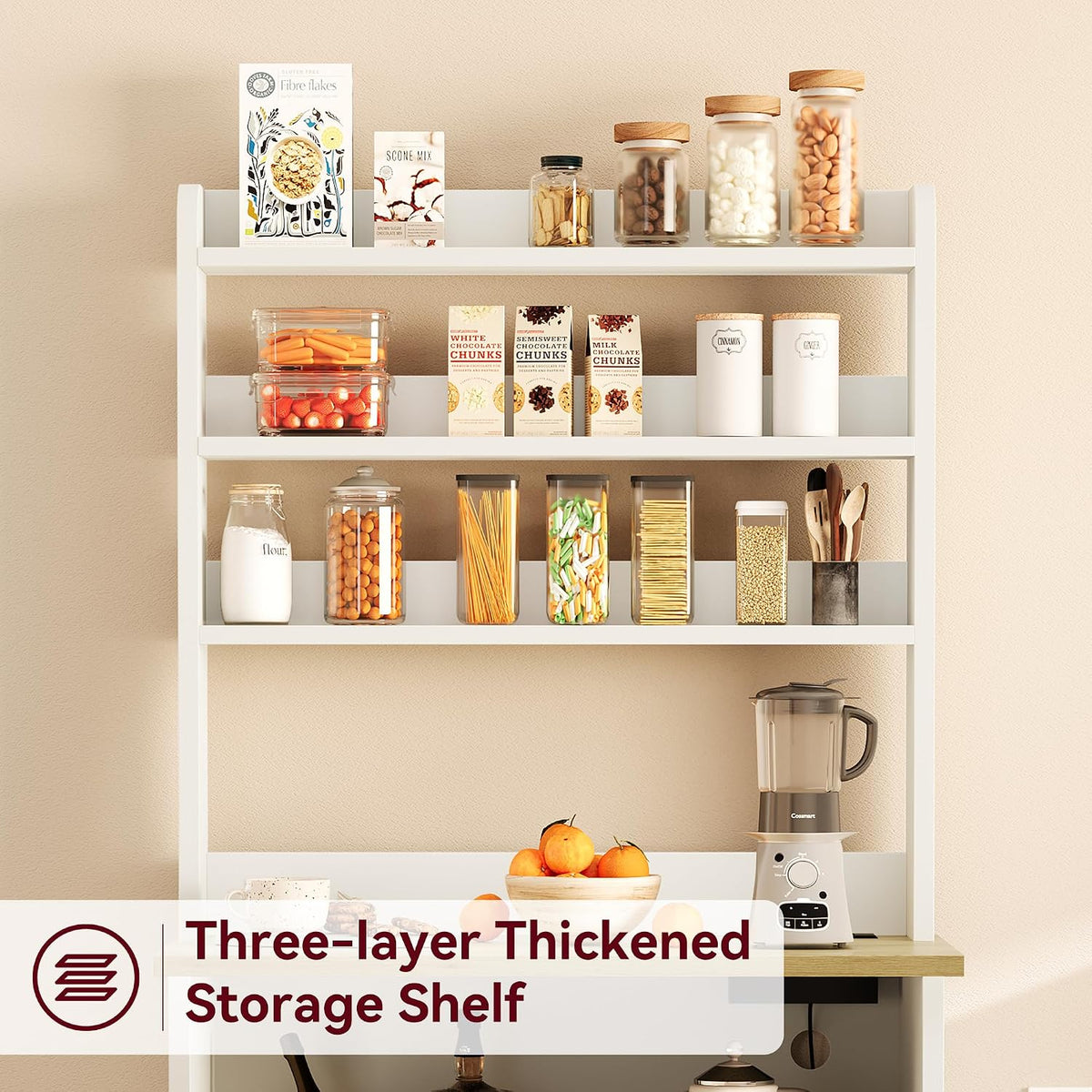 Bakers Rack with Storage Cabinet, Farmhouse Microwave Stand with Power Outlets, Small Kitchen Bakers Rack with Thick Table Top, Coffee Bar Station for Dining Room, White & Peer Wood
