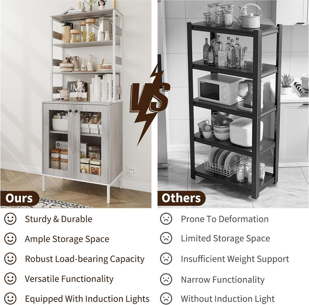 IDEALHOUSE 67' Tall Wine Bar Cabinet for Liquor and Glasses,Farmhosue Coffee Bar Cabinet,Pantry Storage with RGB LED Lights,Power Outlet,Adjustable Shelves,for Home,Dining Room,Kitchen(Grey)