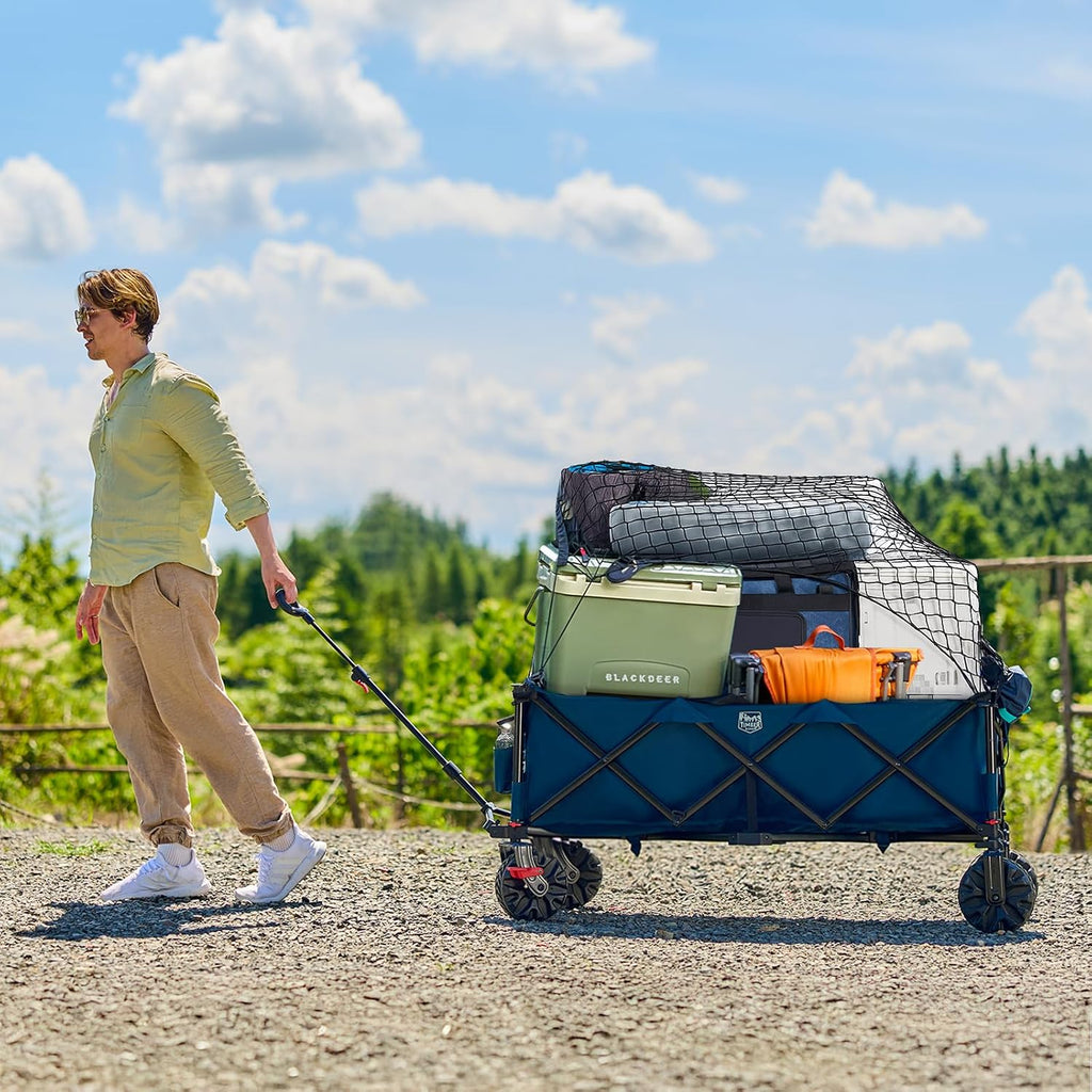 Timber Ridge 51.2' Extended Collapsible Wagon - Heavy-Duty Utility Cart with All-Terrain Wheels, Brakes & Cargo Net, 400L Capacity for Camping, Sports & Shopping, Blue
