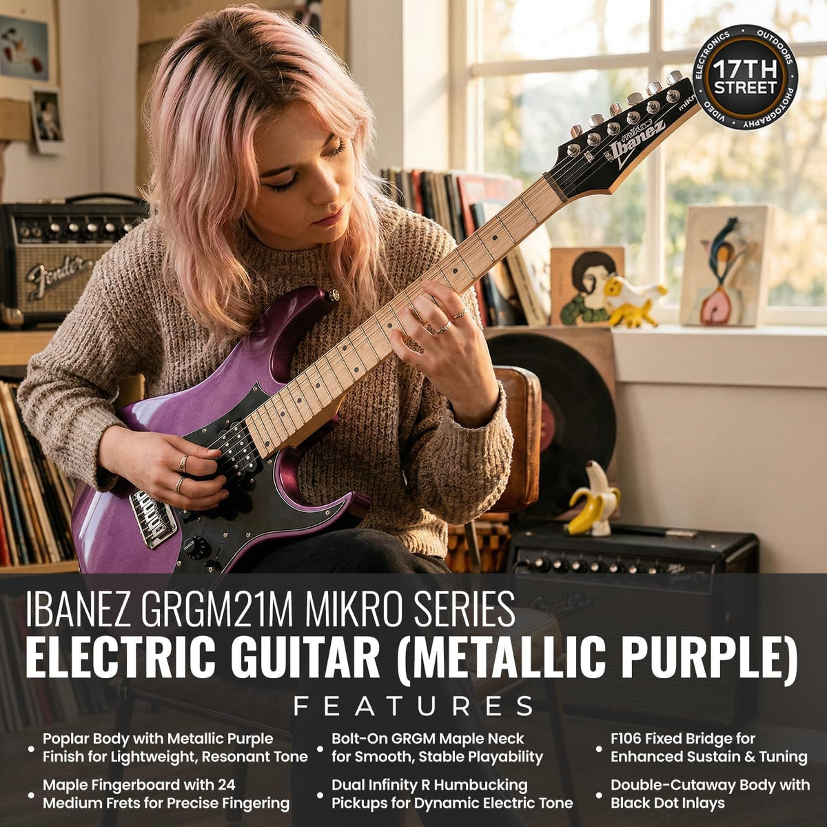 Ibanez GRG miKro Series 6 String Solid-Body Electric Guitar, Metallic Purple gloss Finish with GSF50 Powerpad Strap, String Capo, 15 Pack Guitar Picks, Organizer Storage Box, & Cleaning Cloth - Bundle