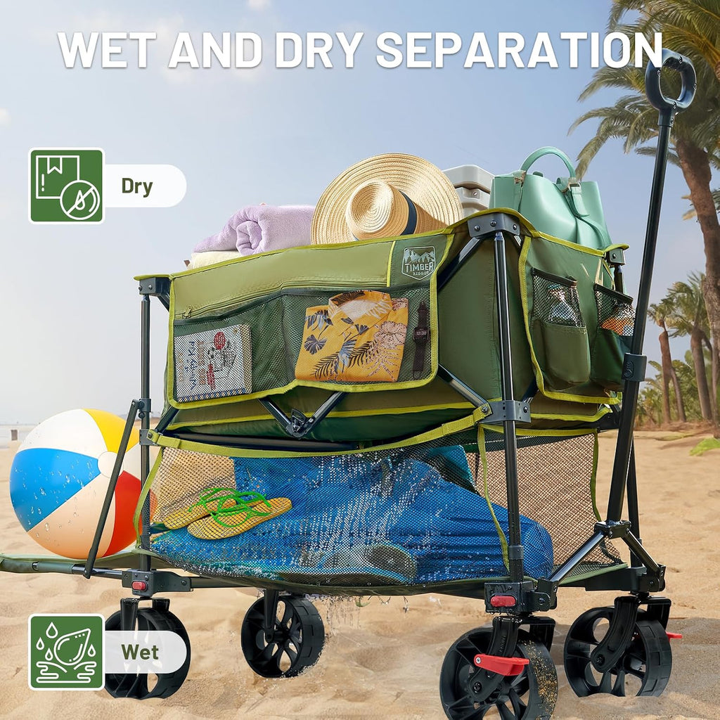 TIMBER RIDGE 400L Large Capacity Folding Double Decker Wagon with Brakes, 54' Extra Long Extender Wagon Cart, 450lbs Heavy Duty Collapsible Cart, All-Terrain Big Wheels for Camping, Sports, Shopping