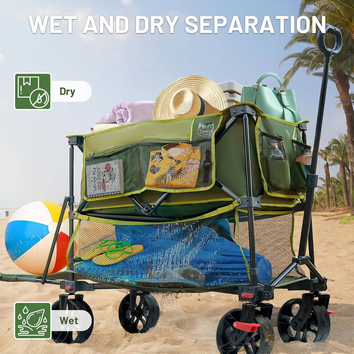 TIMBER RIDGE 400L Large Capacity Folding Double Decker Wagon with Brakes, 54' Extra Long Extender Wagon Cart, 450lbs Heavy Duty Collapsible Cart, All-Terrain Big Wheels for Camping, Sports, Shopping