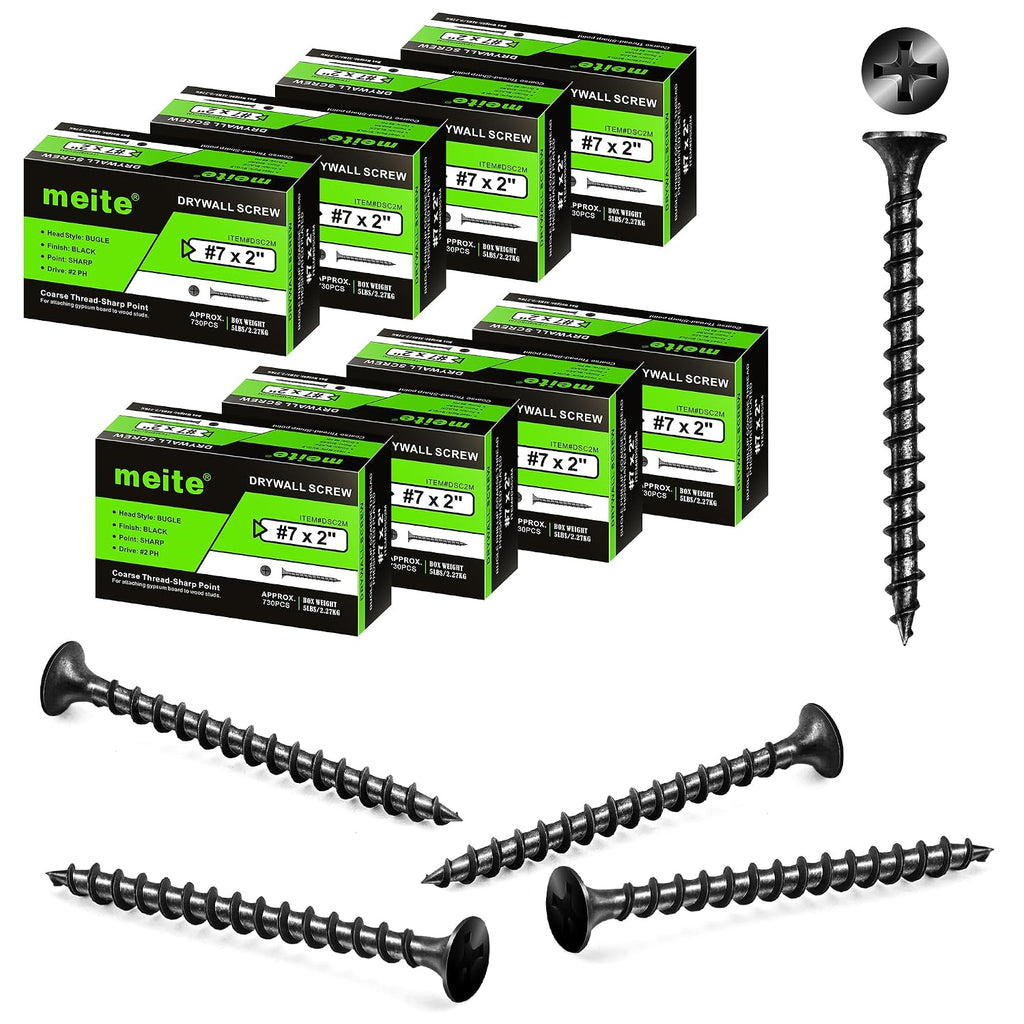 meite Drywall Screws, #7 x 2 Coarse Thread Wood Screws for Drywall, Black Sheetrock Screws, Phosphate Finish Phillips Drive Dry Wall Screws (8-Box Bulk Pack)