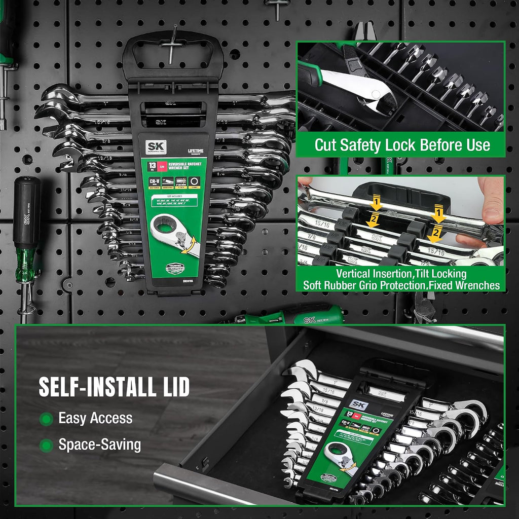 SK Reversible Ratcheting Wrench Set, Combination Wrench Set, 13-Piece, SAE 1/4' to 1', 72-Tooth, Premium CR-V Construction, with Rack Organizer