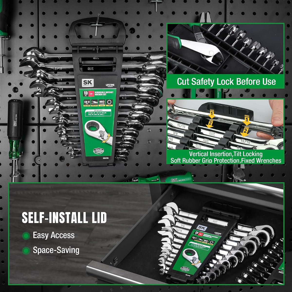 SK Reversible Ratcheting Wrench Set, Combination Wrench Set, 13-Piece, SAE 1/4' to 1', 72-Tooth, Premium CR-V Construction, with Rack Organizer