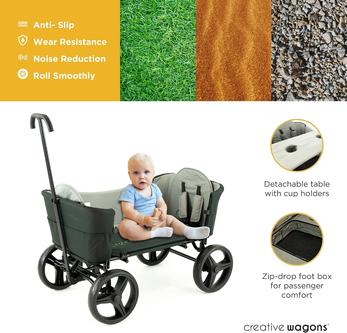 Creative Outdoor Wagon for Kids Push Pull Collapsible Stroller Wagon Buggy Transformable Bench Cart for Kids Cargo All Terrain, Removable Canopy
