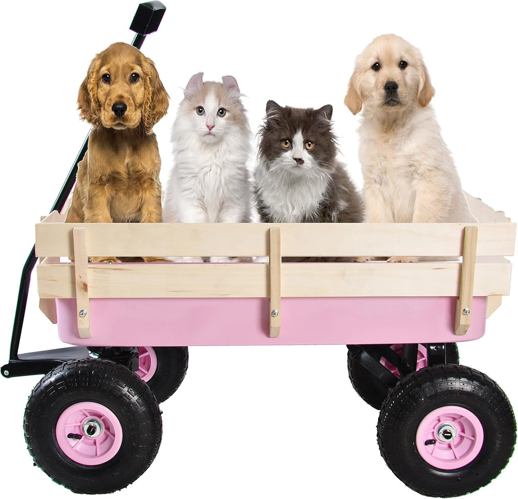 Outdoor Sport All Terrain Pulling Wagon With Removable Wooden Side Panels, Air Tires, Big Foot Panel, Sturdy Steel Bed for Kids' Pull-Along (Pink)