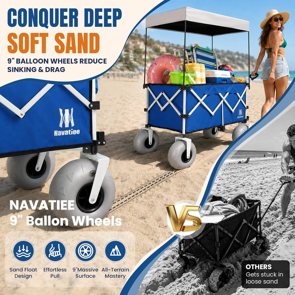 Navatiee Beach Wagon with Big Balloon Wheels for Sand, 200L Extra Large Beach Cart with Canopy, 440Lbs Heavy Duty Folding Wagon Collapsible with 9' Tires & Side Pocket for Beach, Outdoor, Blue