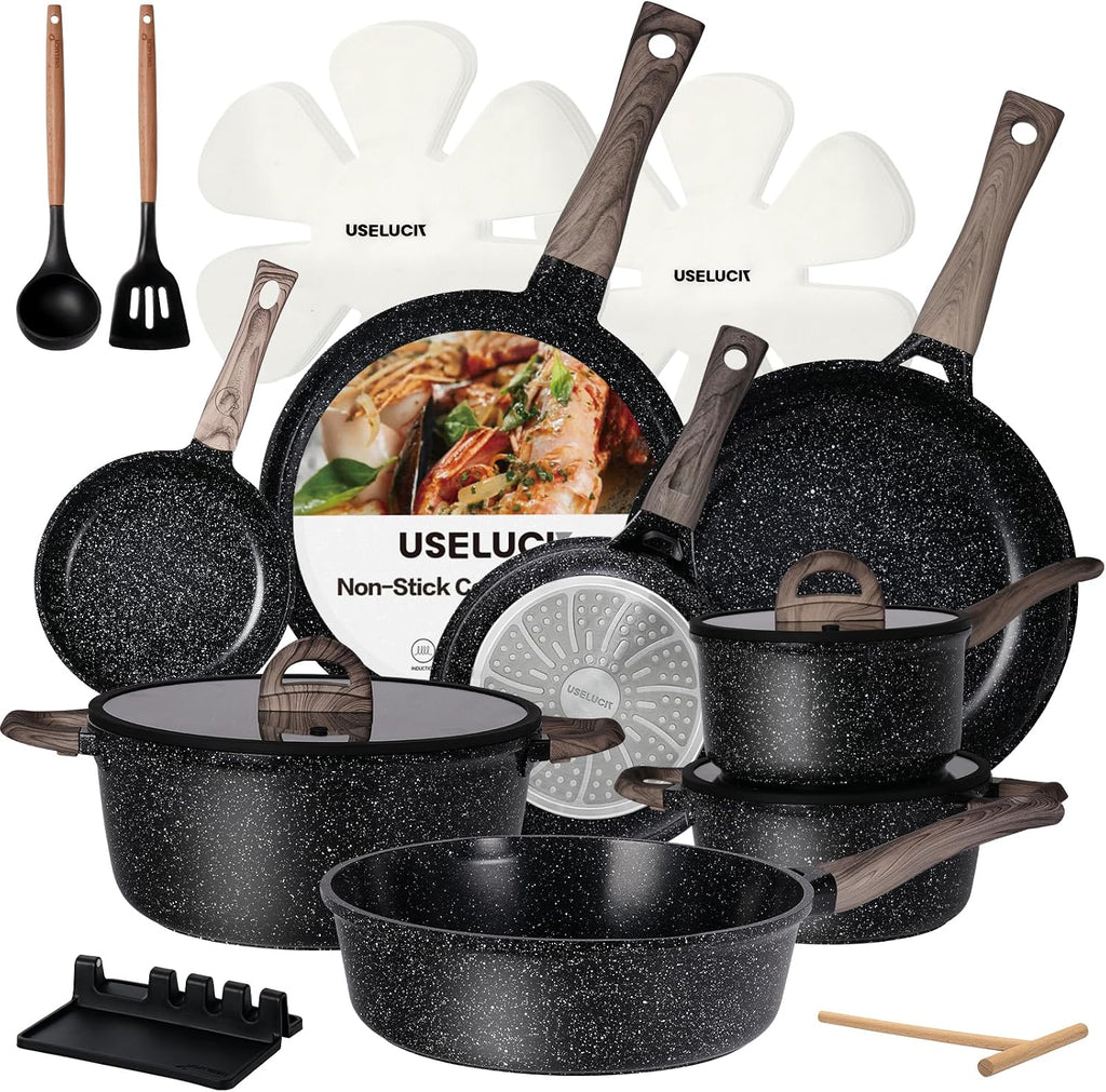 USELUCK Pots and Pans Set Non Stick Non-Toxic 22 Pcs Ceramic Cookware Sets Nonstick Kitchen Pot&Pan With Lid Jet Black Granite Induction Compatible with Glass Lids Crepe Frying Pan PFOA/PFOS-Free
