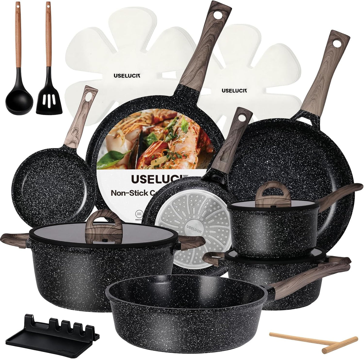 USELUCK Pots and Pans Set Non Stick Non-Toxic 22 Pcs Ceramic Cookware Sets Nonstick Kitchen Pot&Pan With Lid Jet Black Granite Induction Compatible with Glass Lids Crepe Frying Pan PFOA/PFOS-Free