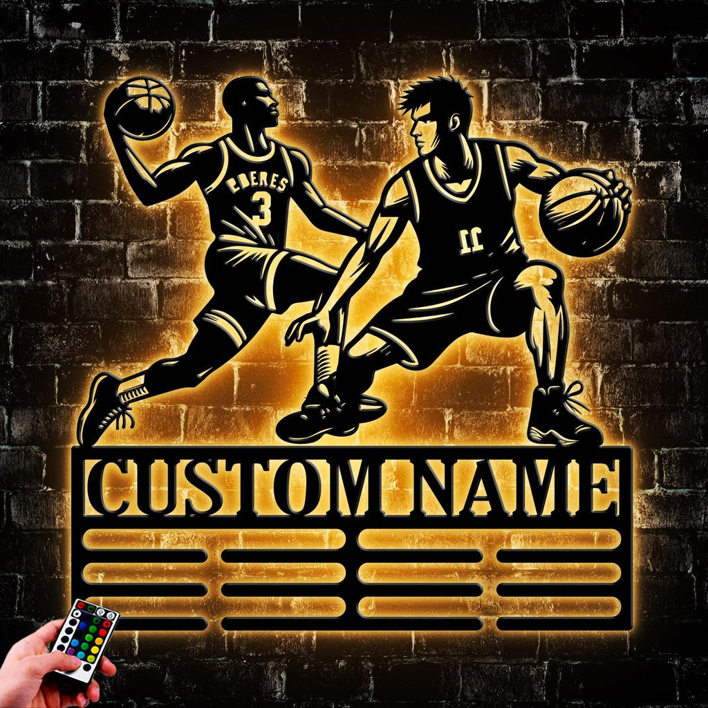 Custom Basketball Medal Holder LED Light, Basketball Player Name Medal Hanger Display, Rack For Tiered Award Ribbon, Metal Sign Gift For Athlete