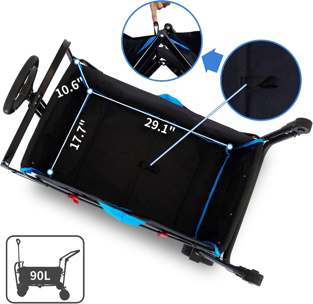 TMZ All Terrain Wide Wheel Utility Folding Wagon, Collapsible Garden Cart, Heavy Duty Beach Wagon Trolley with Adjustable Push Handle and Brake, 90 L Storage, Load of 120KG(Black/Blue)