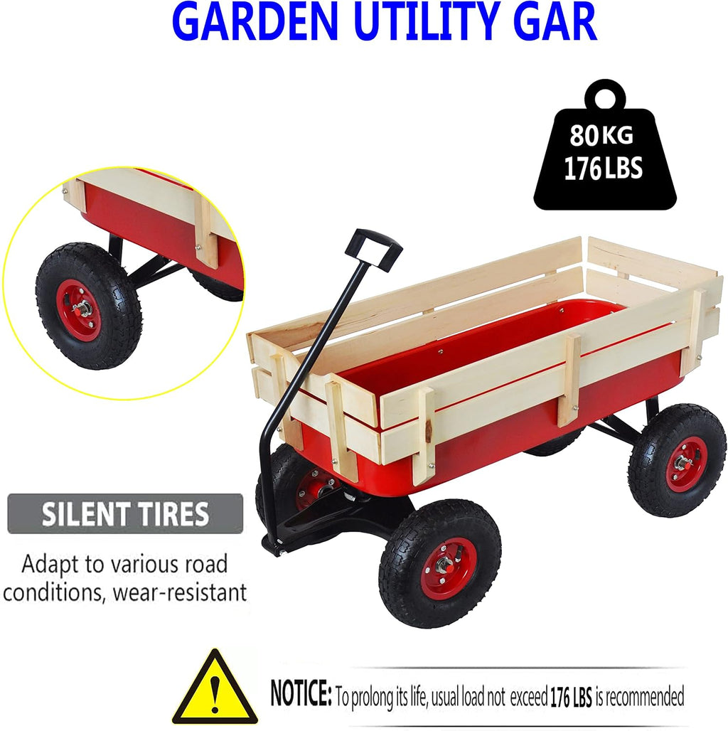 Outdoor Heavy Duty Wagon Cart for All Terrain Pulling, Steel Wagon Frame Removable Wooden Panels Adjustable Handle Air Tires Sport Wagon for Kids Camping Garden, Max. Load 176 lbs, Red