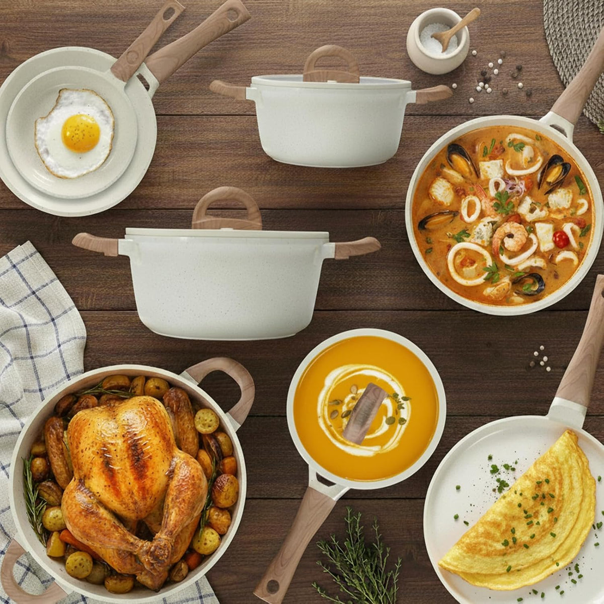 Pots and Pans Set Non Stick Non-Toxic 22 Pcs Ceramic Cookware Sets Nonstick Kitchen Pot&Pan With Lid Cream White Granite Induction Compatible with Glass Lids Crepe Frying Pan PFOA/PFOS-Free