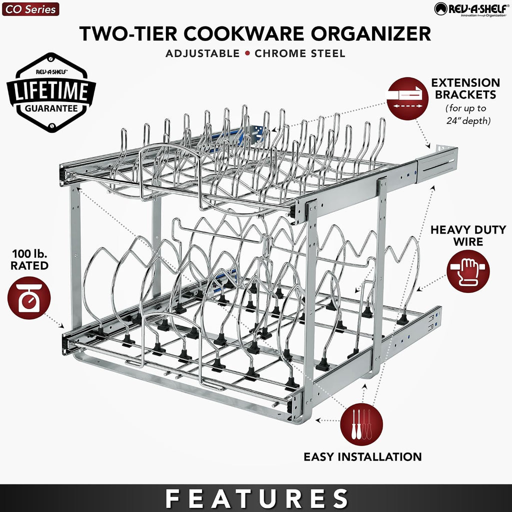 Rev-A-Shelf 2-Tier Kitchen Cabinet Pullout, Cabinet Organizer for Pots, Pans, and Lid Cookware, Adjustable Heavy Duty Wire, Chrome, Min Opening Width of 20.5', 5CW2-2122-C