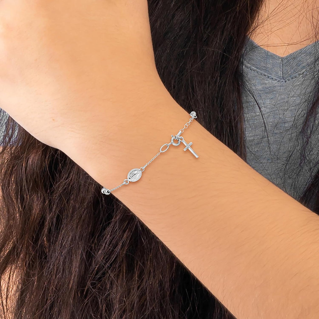 Reeds Child's 14k White Gold Cross and Miraculous Medal Rosary Bracelet