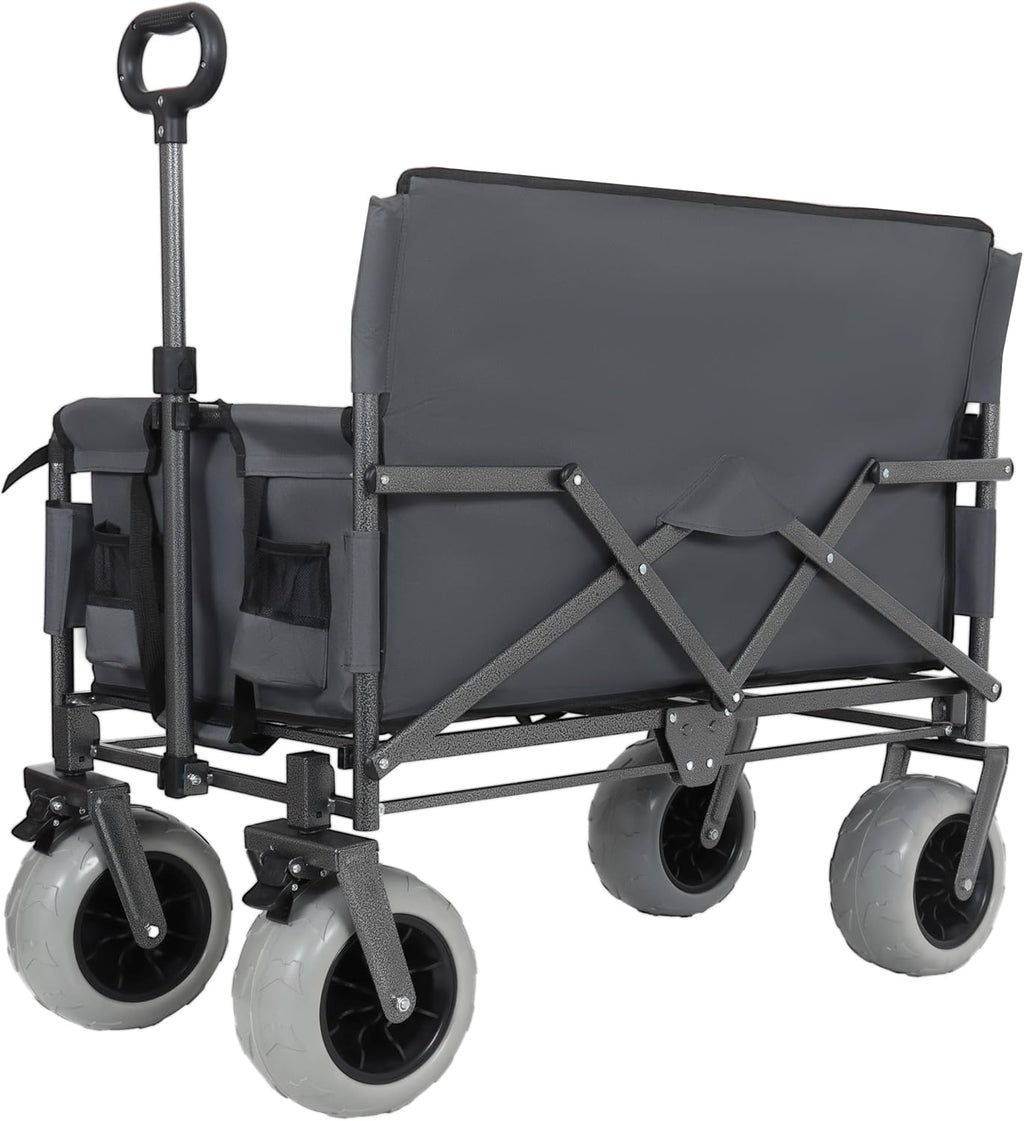 3-in-1 Convertible Folding Wagon Cart with Bench Seat & 180L Storage - 500lbs Heavy-Duty All-Terrain Wagon for Camping, Beach, Sports & Garden Use (Grey+ 9'x4' Wheels)