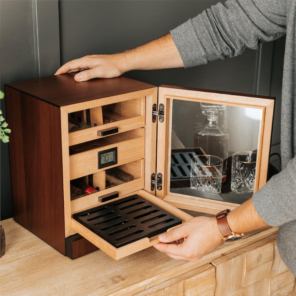 CASE ELEGANCE Luca Humidor Cabinet Stores 80-100, Cigar Humidor Box with Spanish Cedar, Glass Display, Easy Humidification System, Digital Hygrometer - Brown