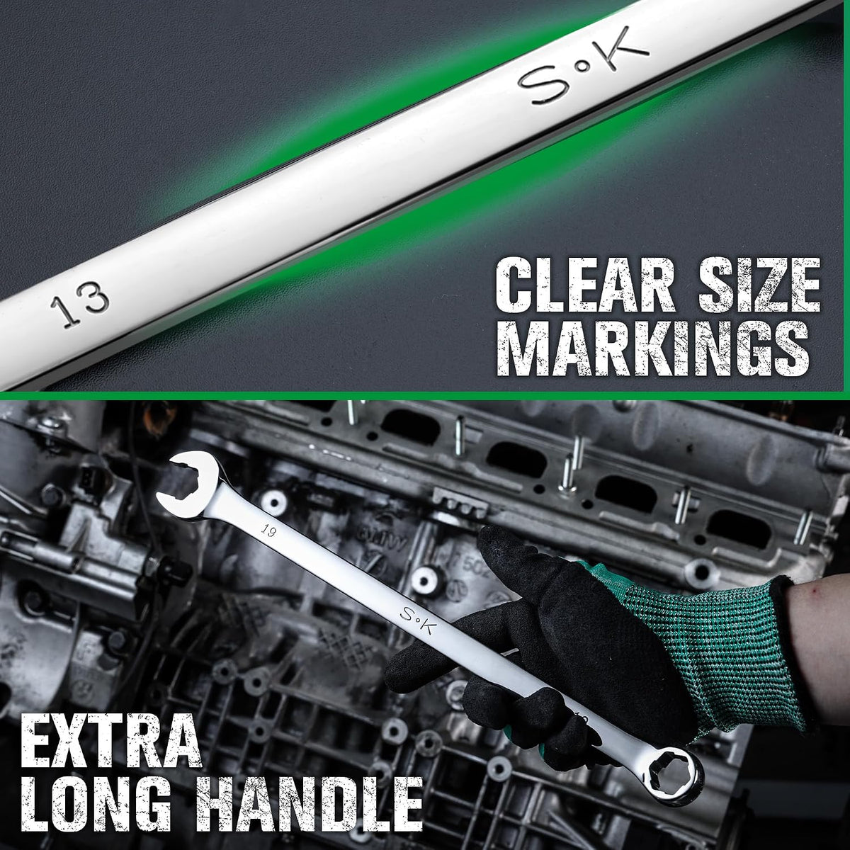 SK 6 Point Bolt Extractor Wrench, Metric 8 to 19mm, 12-Piece, Extra Long Combination Wrench Set, Mirror Krome Finish, Premium CR-MO Construction, for Rounded and Stripped Bolts Removal