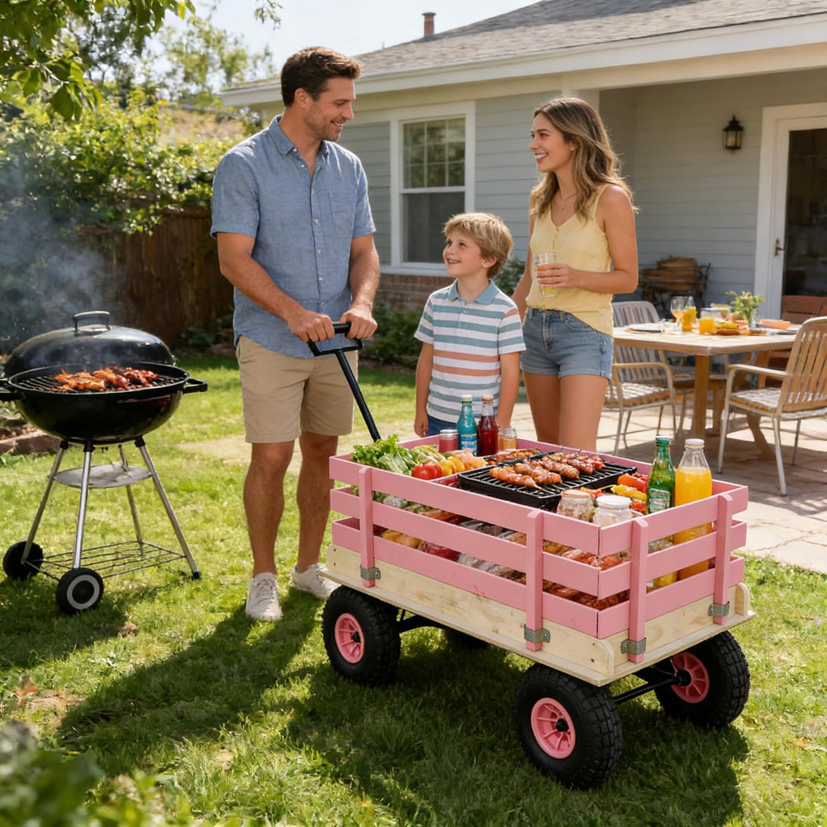 Garden Cart with Removable Side Panels, 176 lbs Capacity - Heavy-Duty Steel Yard Cart with Pneumatic Tires, Ideal for Gardening, Beach Use, and More (Pink-Black Handle)