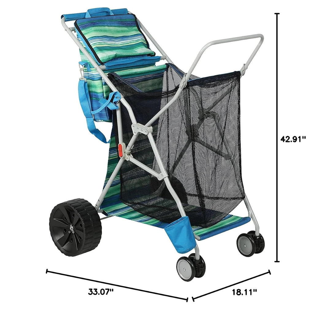 Old Bahama Bay Beach Cart with Big Wheels for Sand, Folding All Terrain Wheels Beach Wagon with Cooler Bag Umbrella Holder, Big Mesh Storage Capacity for Outdoor Camping, Supports 100lbs, Blue/Green