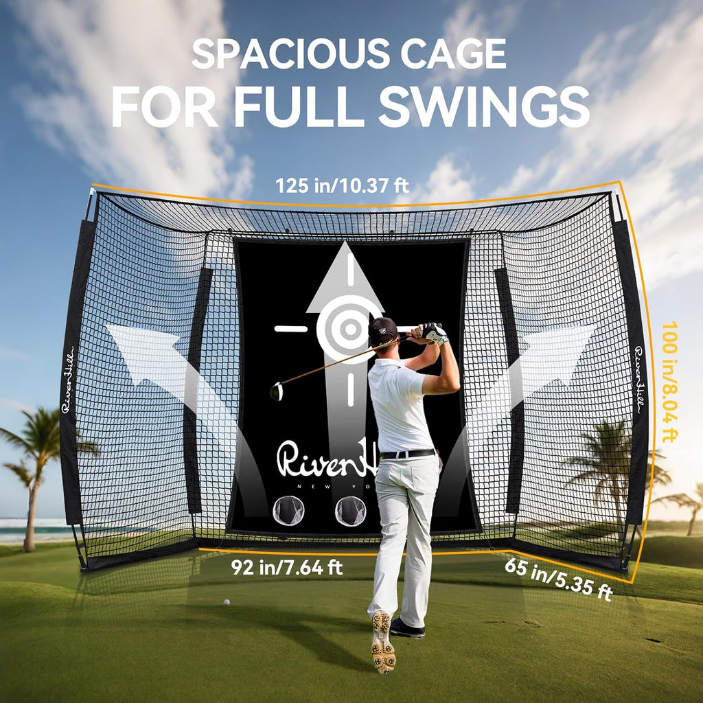Golf Cage with Impact Screen, 10x8 Ft Golf Hitting Net w/Sound-Dampening Cloth, Practice Mat, Golf Simulator Enclosure, Indoor & Outdoor Driving Chipping Equipment for Home, Backyard & Garage