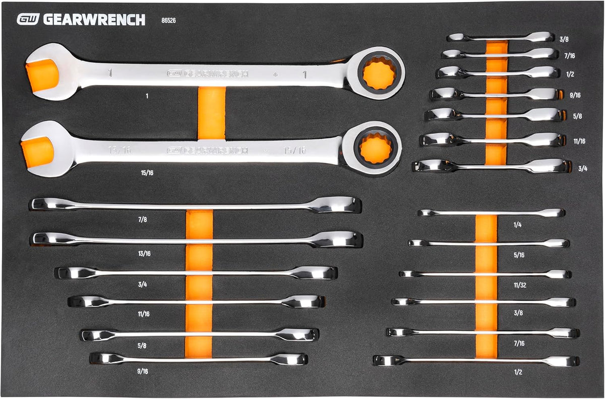 GEARWRENCH 21 Piece 72T SAE Standard & Stubby Ratcheting Wrench Set with EVA Foam Tray - 86526