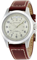 Hamilton Khaki Field King Automatic Men's Watch, 40mm Stainless Steel Case, Swiss Made, Beige Dial Analog Wrist Watch for Men, 50m Waterproof, Sapphire Crystal, Cow Leather Strap