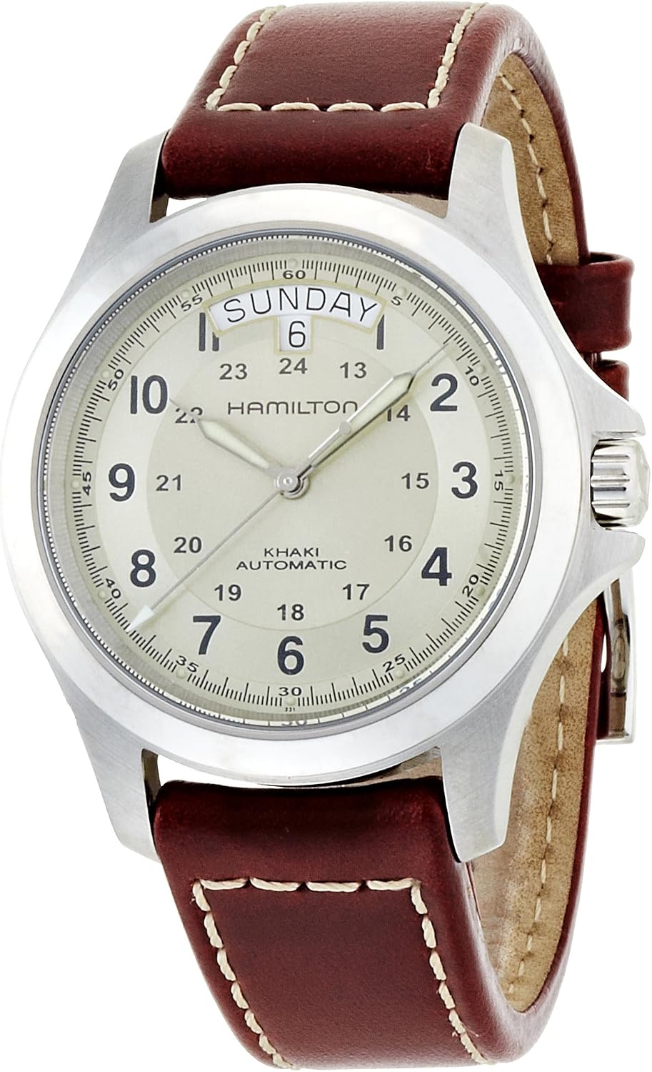 Hamilton Khaki Field King Automatic Men's Watch, 40mm Stainless Steel Case, Swiss Made, Beige Dial Analog Wrist Watch for Men, 50m Waterproof, Sapphire Crystal, Cow Leather Strap