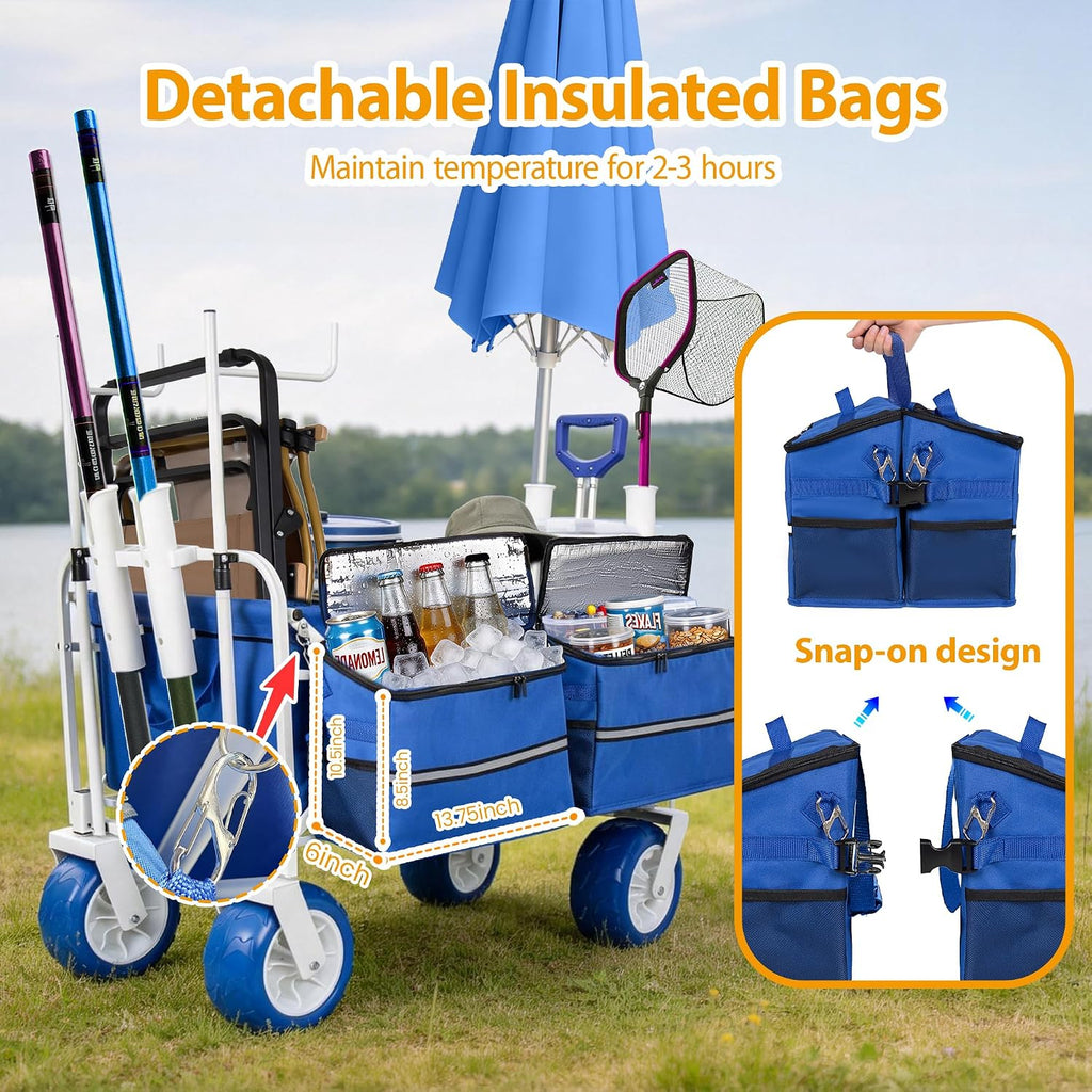Beach Fishing Wagon Cart with All-Terrain Big Wheels, 500lbs Load, Heavy Duty Wagons Carts Foldable with Removable Cooler & Storage Bags for Shopping Garden Sports Camping Outdoor (Blue)