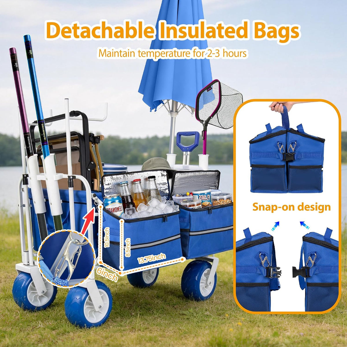Beach Fishing Wagon Cart with All-Terrain Big Wheels, 500lbs Load, Heavy Duty Wagons Carts Foldable with Removable Cooler & Storage Bags for Shopping Garden Sports Camping Outdoor (Blue)