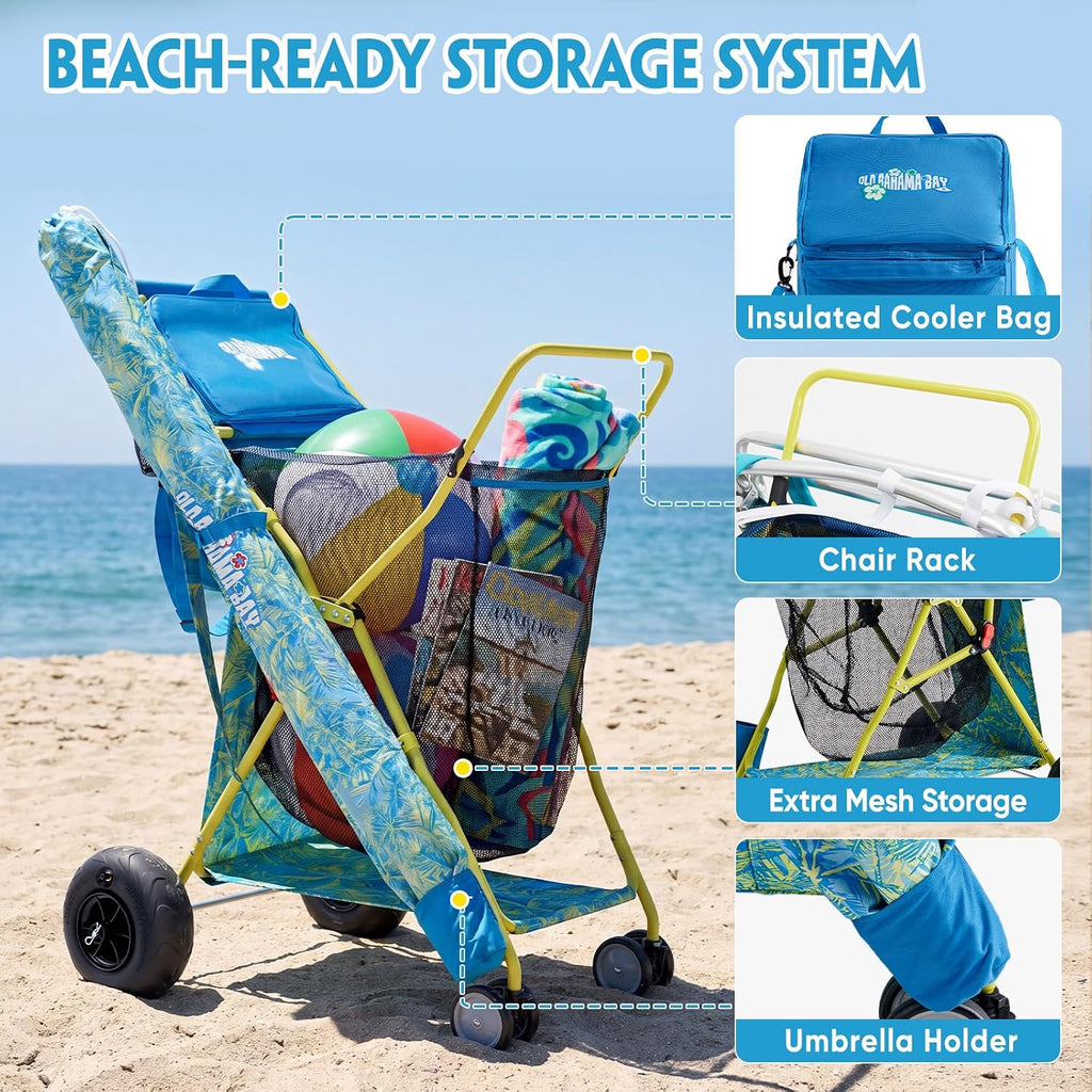 Old Bahama Bay Beach Cart with Big Balloon Wheels for Sand | Collapsible Beach Wagon with Cooler Bag, Umbrella Holder, Chair Rack & Large Mesh Storage, 100 LBS Capacity