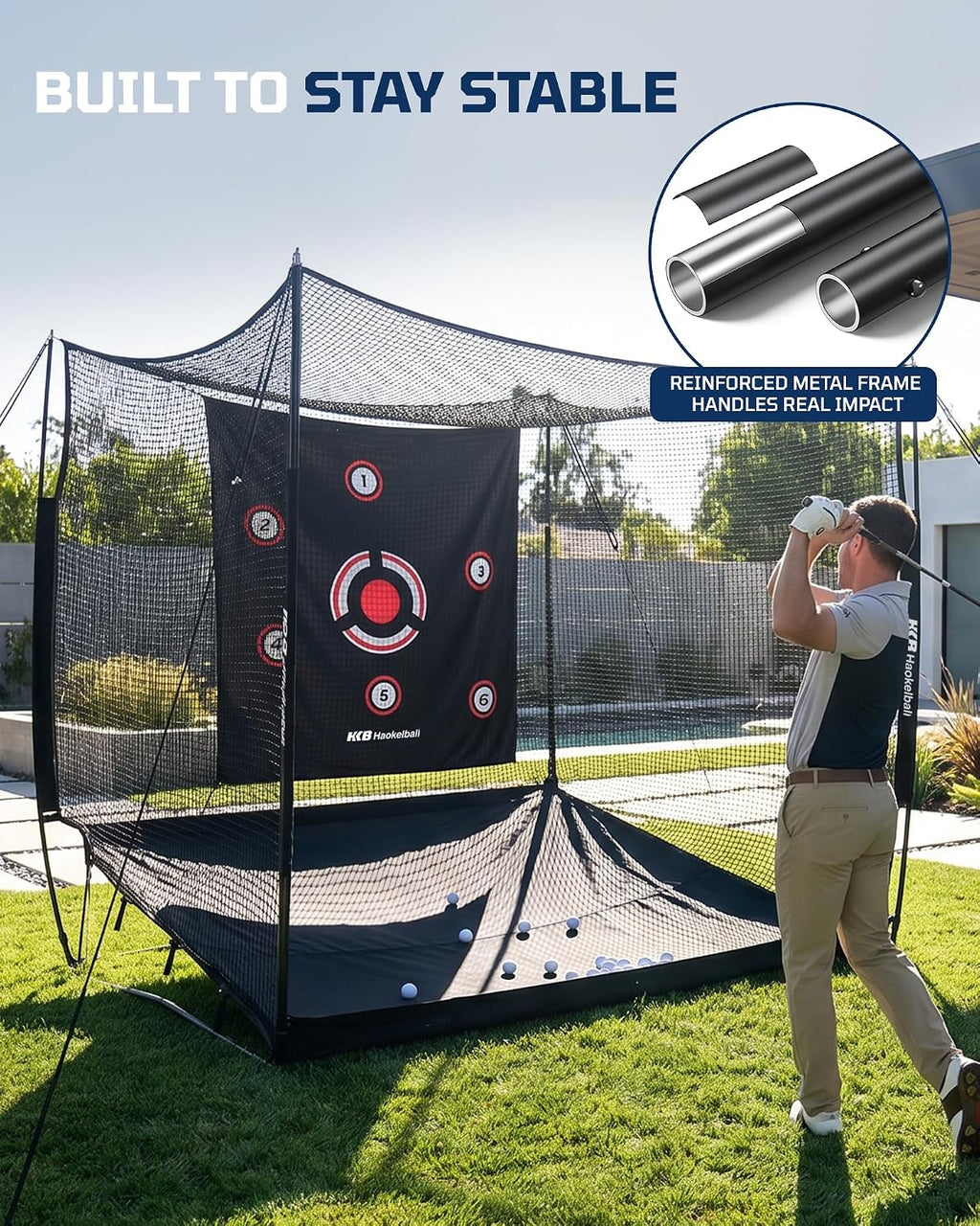 Haokelball Golf Cage with Metal Frame, 10x8x6ft Golf Hitting Nets for Backyard Driving Real Balls, Heavy Duty Net Enclosure with 3-Sides & Target Cloth for Indoor Outdoor Full Swing Practice