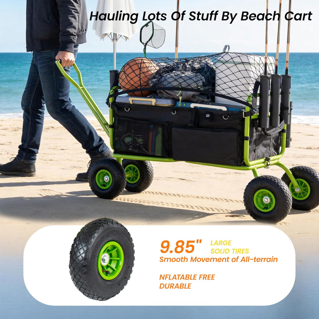 Fishing Cart Beach Cart Collapsible Wagon with 9.85' All-Terrain Wheels for Sand, Heavy Duty Foldable Utility Cart 550LBS Capacity with Rod Holders for Camping, Garden, Grocery, Outdoor Sports(Green)