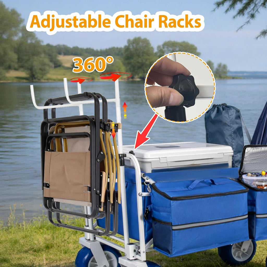 Beach Fishing Wagon Cart with All-Terrain Big Wheels, 500lbs Load, Heavy Duty Wagons Carts Foldable with Removable Cooler & Storage Bags for Shopping Garden Sports Camping Outdoor (Blue)
