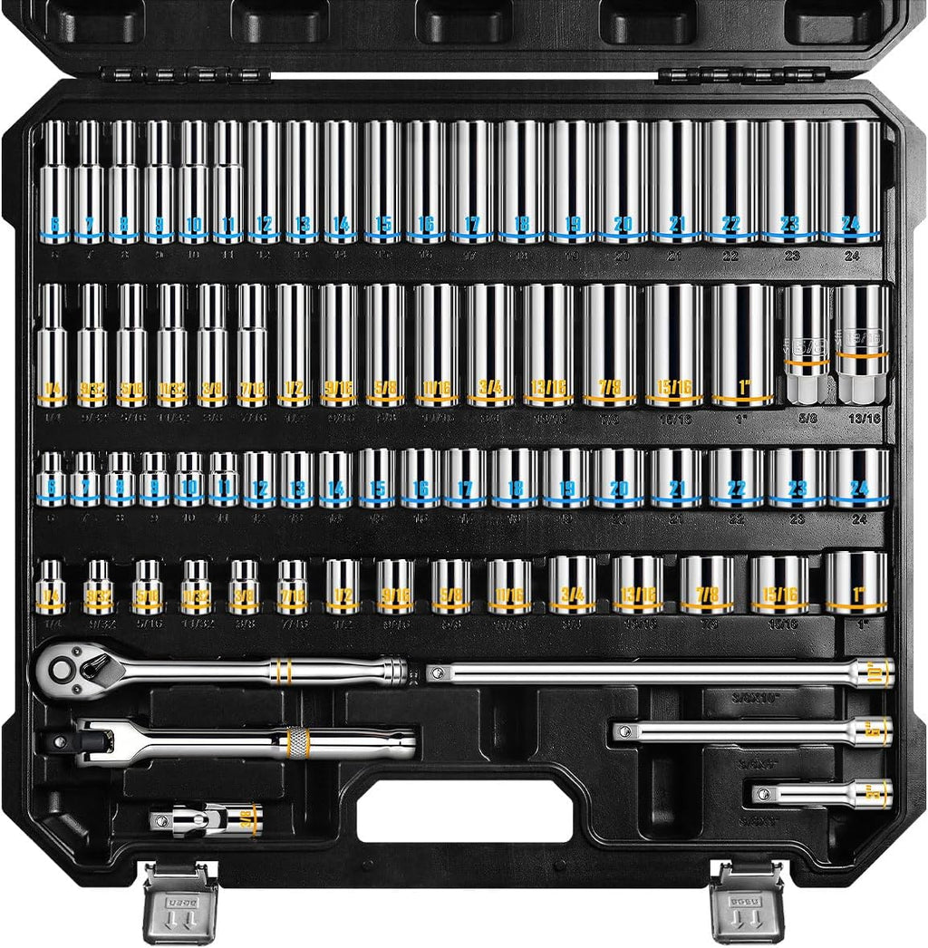 BOEN 3/8-Inch Drive Socket Wrench Set, 76-Piece Metric (6-24mm) & SAE (1/4' to 1'), Deep & Shallow Kit with Embossed & Painted Markings, Ratchet Handle, Spark Plug Sockets, Breaker Bar