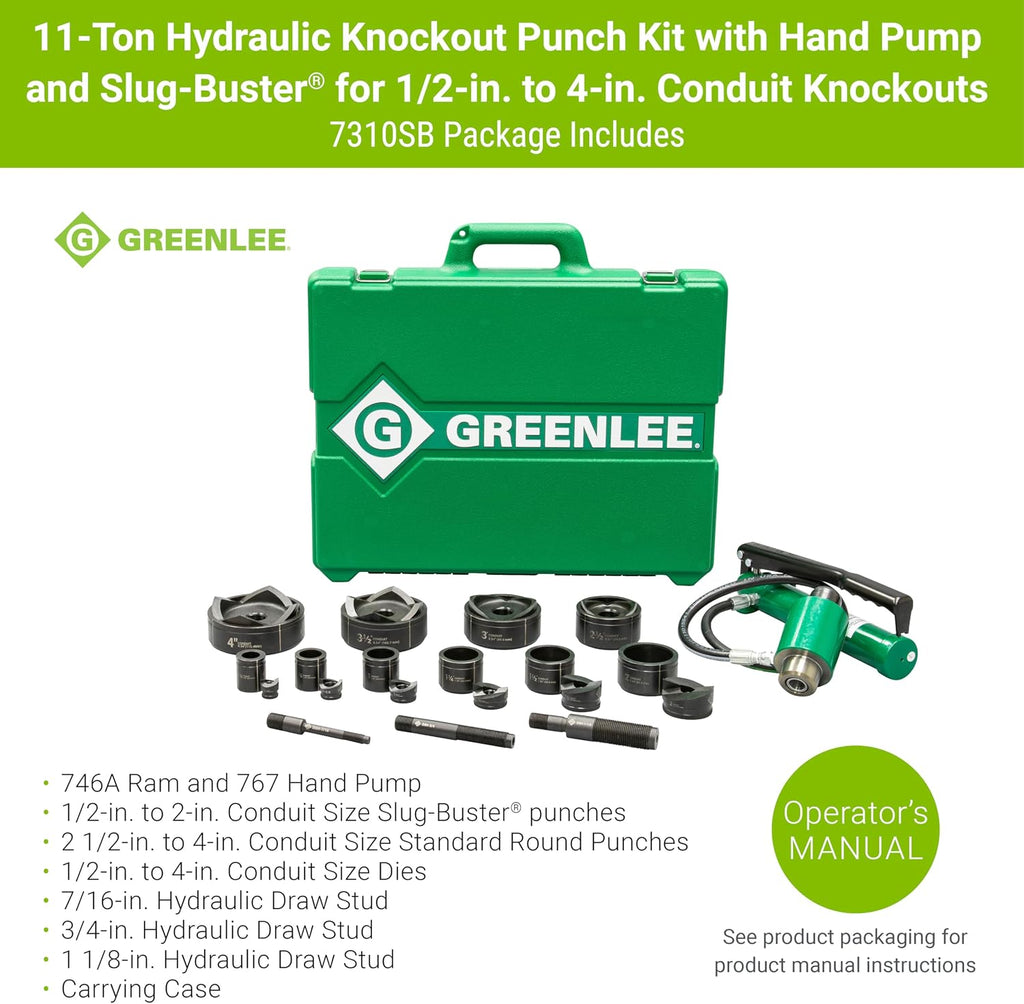 Greenlee 7310SB 11-Ton Hydraulic Knockout Punch Kit with Hand Pump, Ram, 1/2' to 4' Slug-Buster Punches, Dies, and Hydraulic Draw Studs, Electrical Conduit Hole Cutter Kit