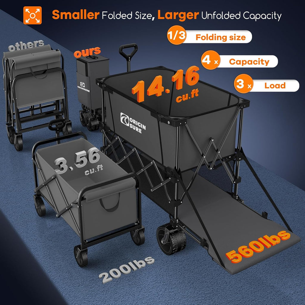 Originsure 400L Double Decker Wagon Collapsible with 54' L Tailgate, 560lbs Heavy Duty Carts Foldable, Extra Large Folding Beach Wagon with Big All-Terrain Wheels for Camping, Sports, Groceries, Grey