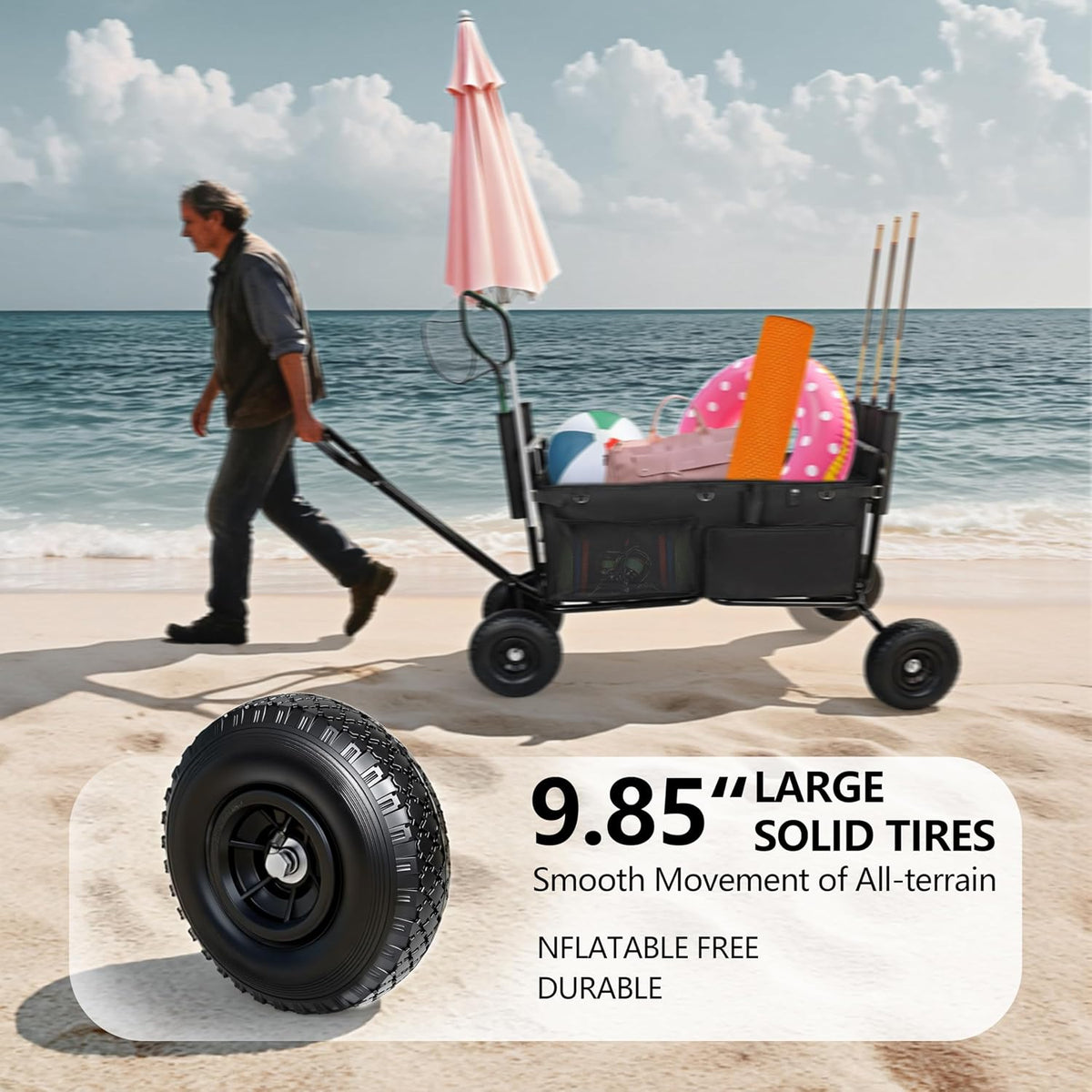 Fishing Cart Beach Cart Collapsible Wagon with 9.85' All-Terrain Wheels for Sand, Heavy Duty Foldable Utility Cart 550LBS Capacity with Rod Holders for Camping, Garden, Grocery, Outdoor Sports(Black)