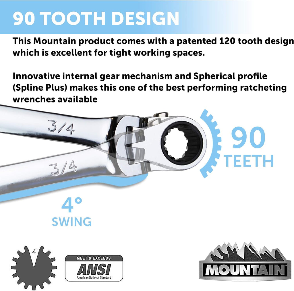Mountain RF7 SAE Reversible Double Raised Box Ratcheting Wrench Set, Universal Spline, 90 Tooth Design, 180 Degree Rotating Head, Sizes 5/16', 3/8', 7/16', 1/2', 9/16' 5/8', 11/16', 3/4', 4-Piece