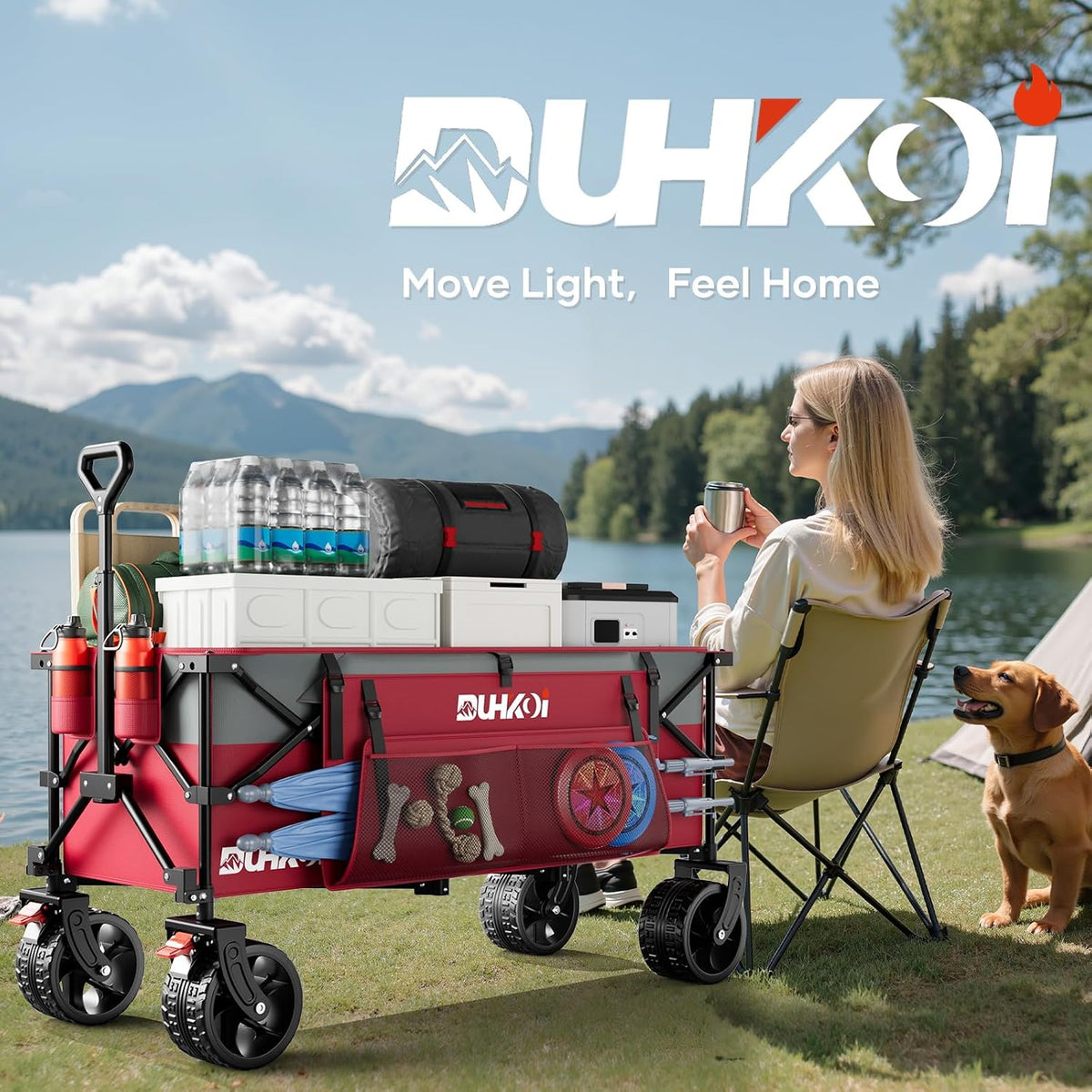 49' L Collapsible Extended Wagon with 500lbs Weight Capacity,300L Heavy Duty Sports Wagon,Big All-Terrian Wheels with Cup Holders,Cart for Sports,Grocery,Shopping,(Rosepink)