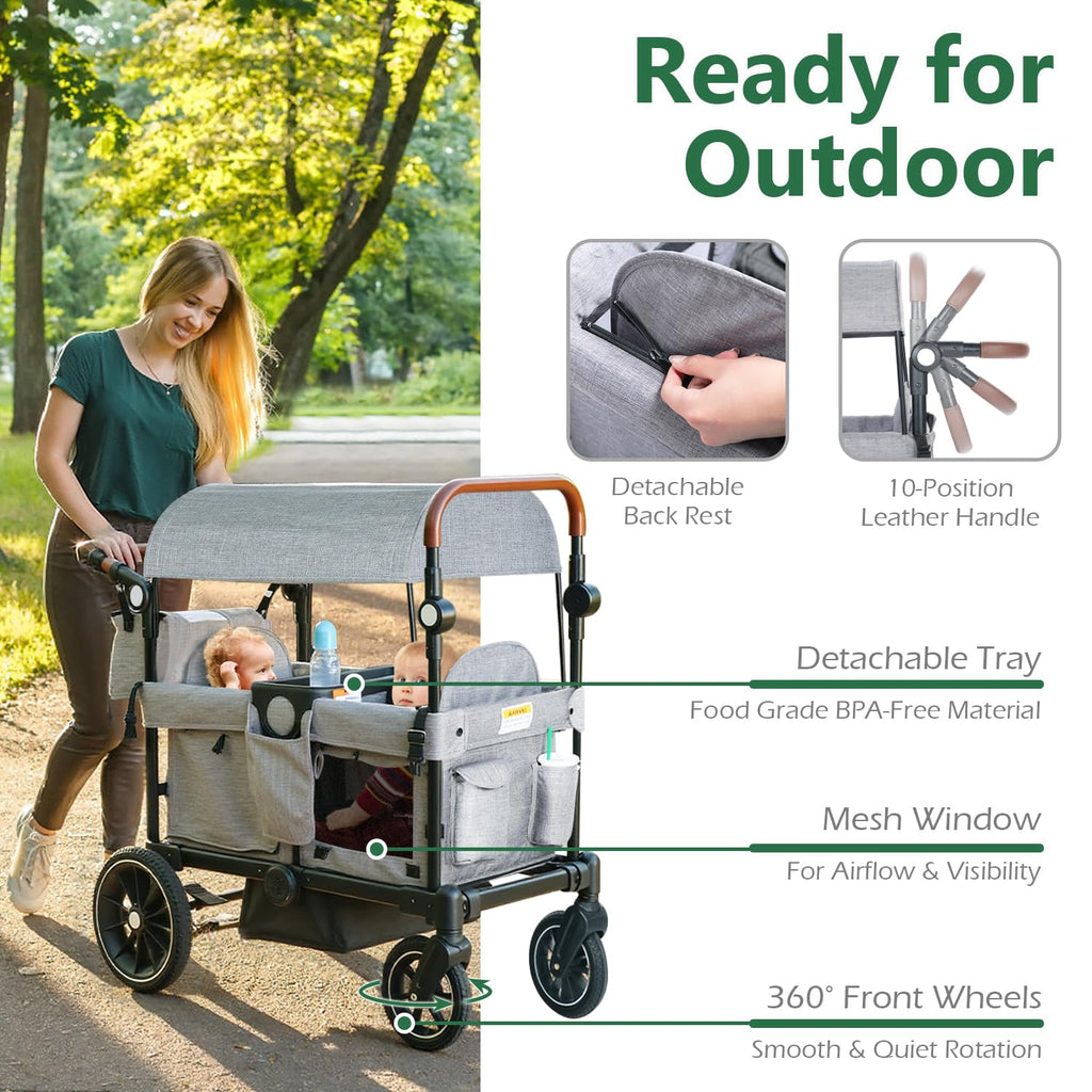 Kinder King Folding Wagon Stroller for 2 Kids, All-Terrain 2 Seater Stroller Wagon Outdoor, Removable Canopy, Adjustable Handle, Shock-Absorbing Wheel, Detachable Tray, Parent Organizer, Gray